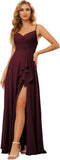 Vestidos de dama de honor largos de gasa con tirantes finos y bolsillos, vestidos formales con volantes y abertura para mujer 