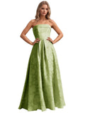 Jacquard Floral Prom Dresses Strapless Maxi Evening Gowns A-Line Ruched Formal Party Dress Elegant