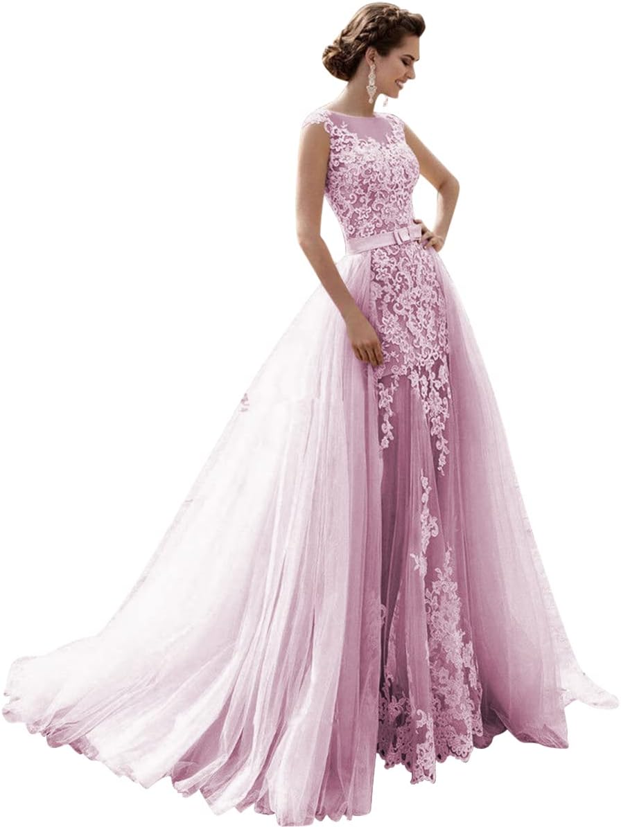 Mermaid Lace Cap Wedding Dress with Detachable Tulle Train for Bride Evening Prom Gown