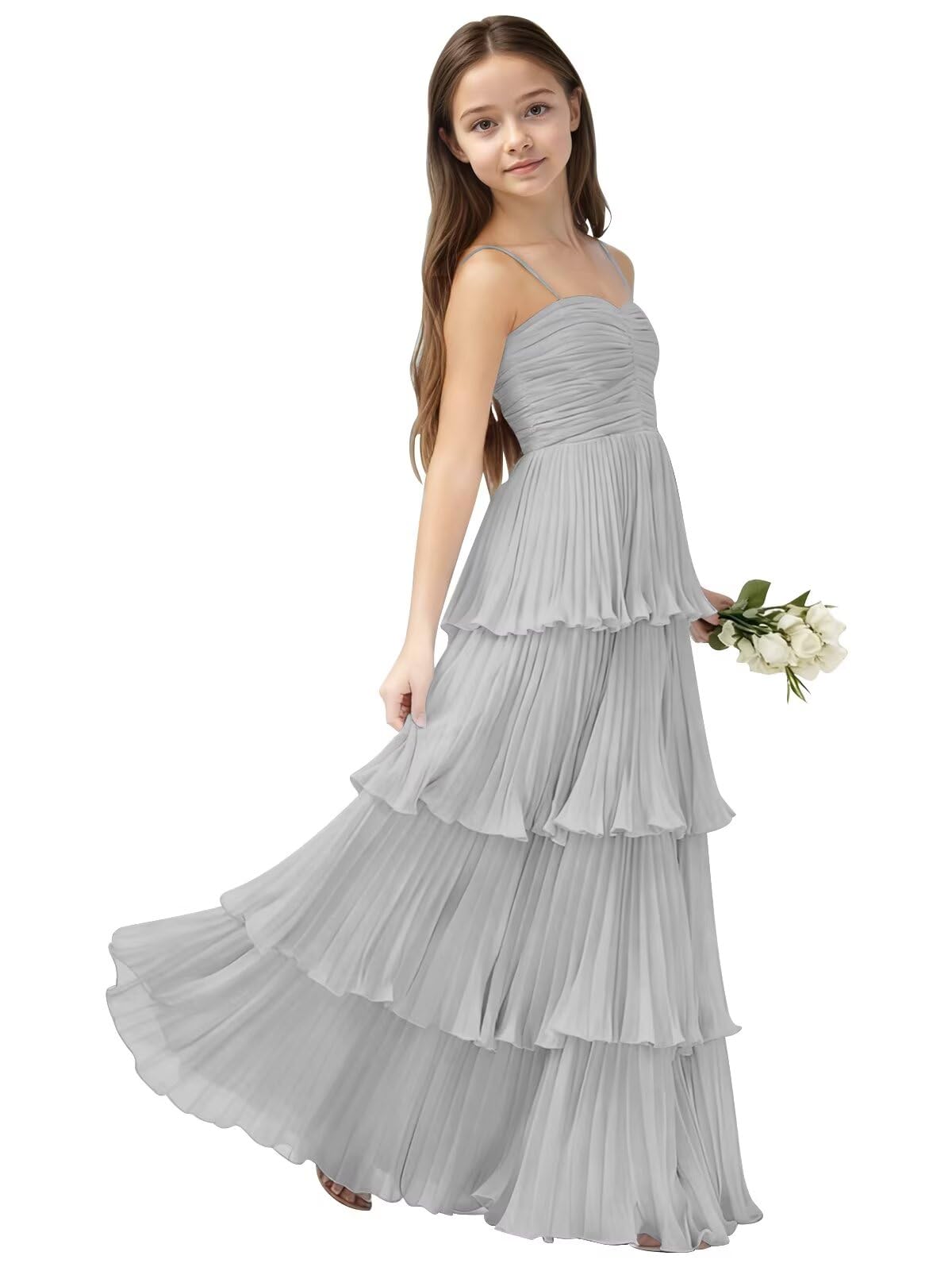 Chiffon Pleated Junior Bridesmaid Dress Princess Birthday Tiered Ruffle Prom Gown Wedding Long Flower Girl Dress