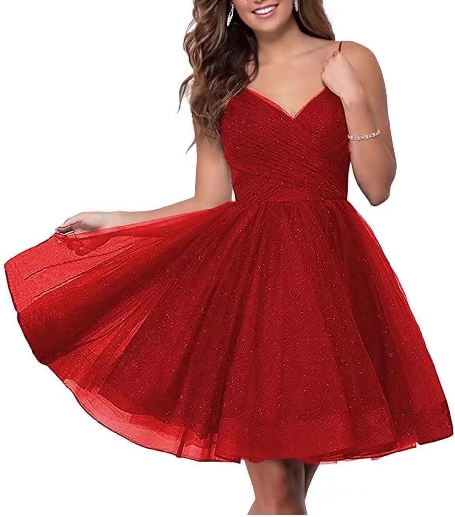 Short Homecoming Dresses Spaghetti Straps V Neck Glitter Tulle Ball Gown Short Prom Graduation Dress for Juniors