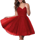 Short Homecoming Dresses Spaghetti Straps V Neck Glitter Tulle Ball Gown Short Prom Graduation Dress for Juniors