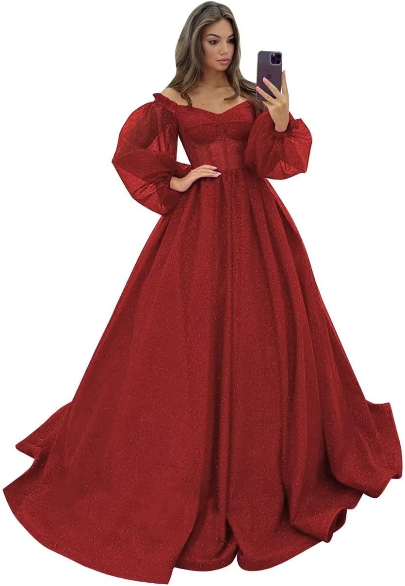 Puffy Sleeve Glitter Prom Dresses Women's Ball Gown Off Shoulder Formal Evening Gown Princess Quinceanera Dress