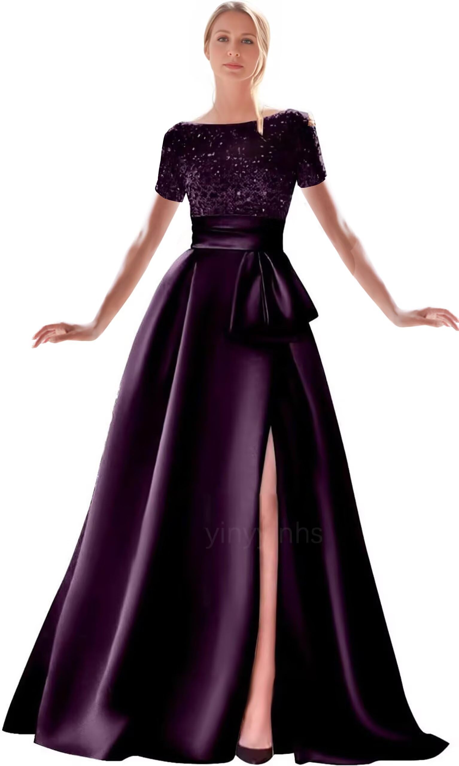 Kingbridal Gowns Short Sleeve Sequin Prom Dresses for Women 2026 Satin A-Line Sparkly Formal Evening Party Ball Gowns with Slit