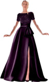 Kingbridal Gowns Short Sleeve Sequin Prom Dresses for Women 2026 Satin A-Line Sparkly Formal Evening Party Ball Gowns with Slit