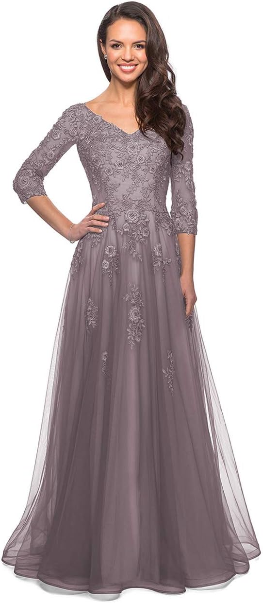Women's Floral Lace Appliques 3/4 Sleeve Mother of The Bride Dresses Long V Neck Formal Dresses with Pockets