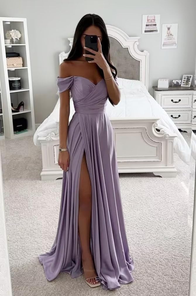Women's Off Shoulder Satin Bridesmaid Dresses Long Ruched Mermaid Formal Dresses with Slit