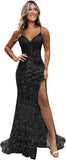 Sparkly Sequin Prom Dresses for Teens 2026 V Neck Glitter Applique Mermaid Formal Evening Gown with Slit