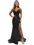 Sparkly Sequin Prom Dresses for Teens 2026 V Neck Glitter Applique Mermaid Formal Evening Gown with Slit