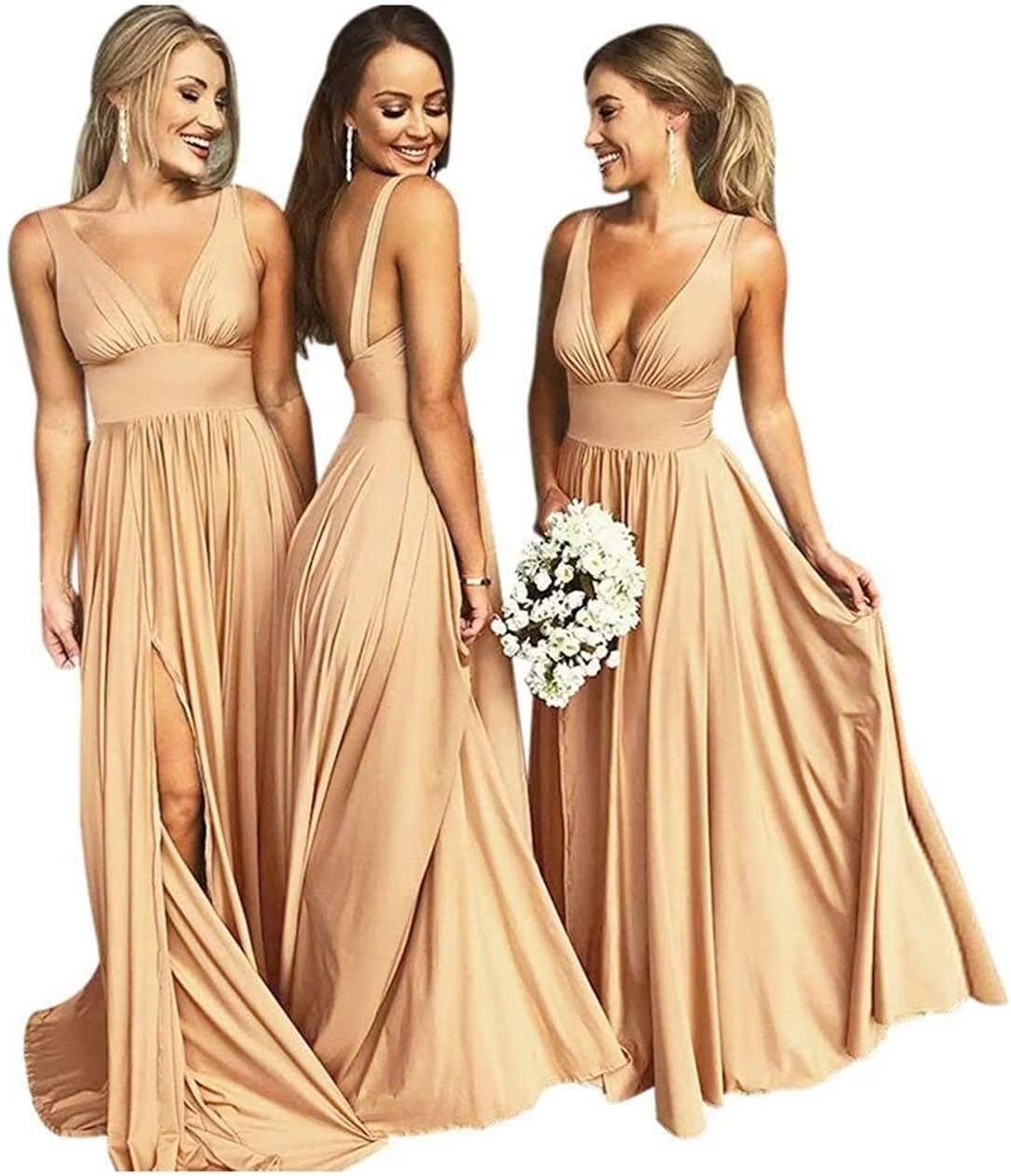 V-Ausschnitt Satin Brautjungfernkleider für Hochzeiten Geteilte Ballkleider Lange A-Linie Abendkleider für Damen 