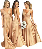 V-Ausschnitt Satin Brautjungfernkleider für Hochzeiten Geteilte Ballkleider Lange A-Linie Abendkleider für Damen 
