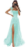 Tulle Prom Dresses with Slit Spaghetti Straps A Line Maxi Long Formal Dress