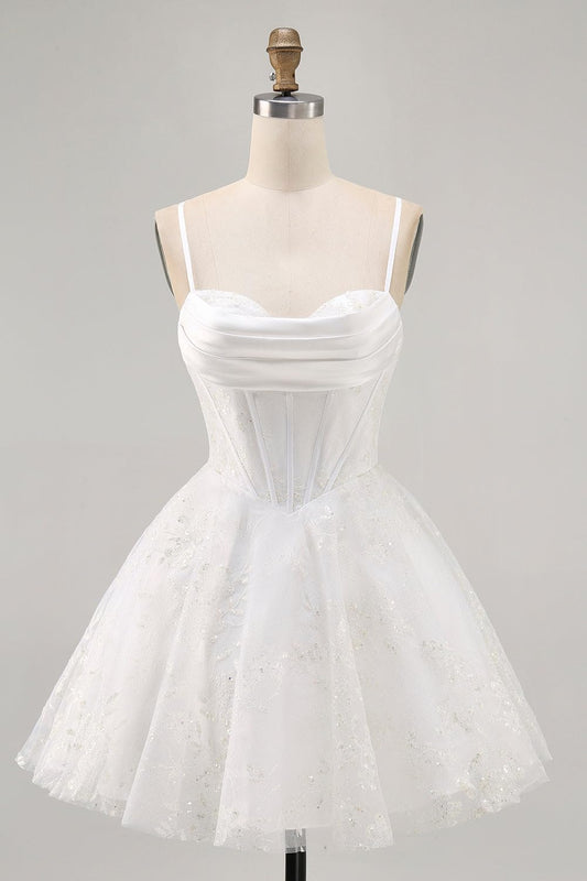Lace Tulle Homecoming Dresses for Teens 2026 Sparkly Spaghetti Strap Corset Short Puffy Prom Quinceanera Dresses