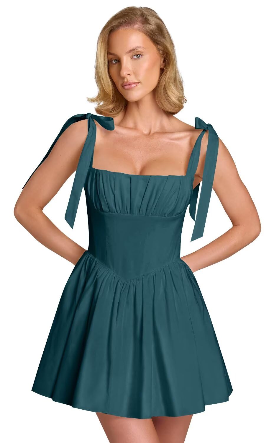 Spaghetti Straps Homecoming Dresses for Teens Satin A-line Short Prom Dress Pleated Cocktail Gowns with Pockets
