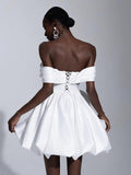 Off Shoulder Satin Homecoming Dresses Teens Short Bubble Dress A Line Mini Cocktail Party Gown