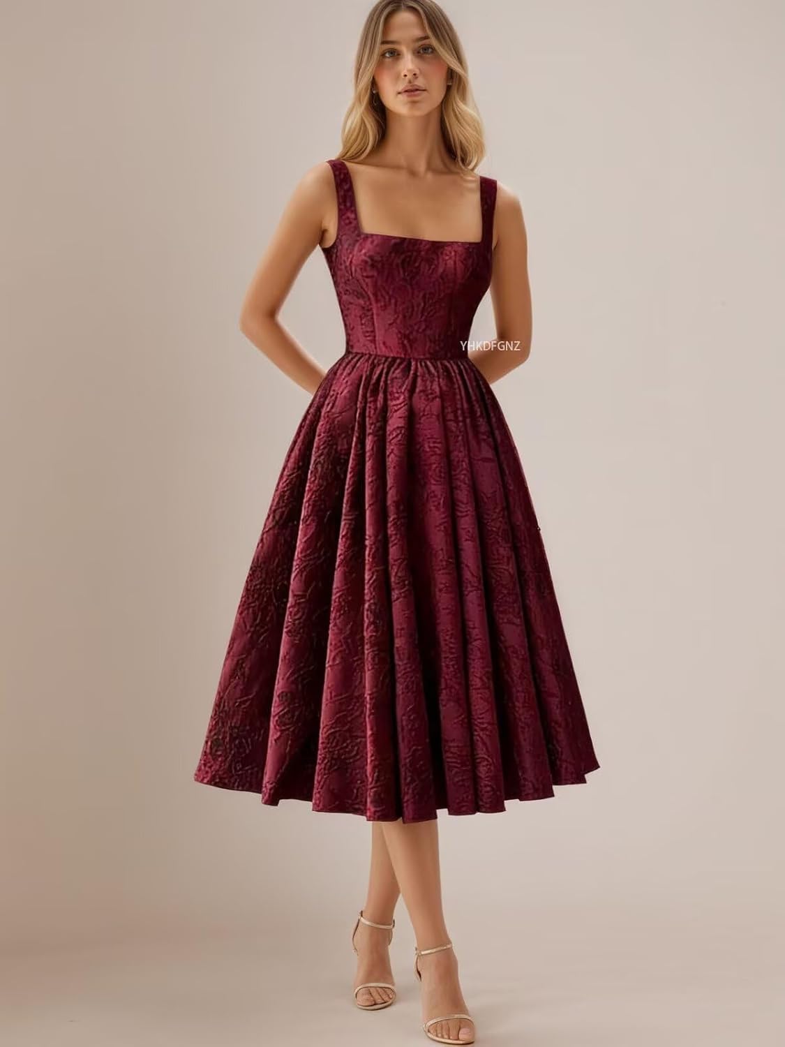 Floral Jacquard Satin Prom Dresses for Women Tea Length Formal Evening Party Dress with Pockets