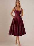 Floral Jacquard Satin Prom Dresses for Women Tea Length Formal Evening Party Dress with Pockets
