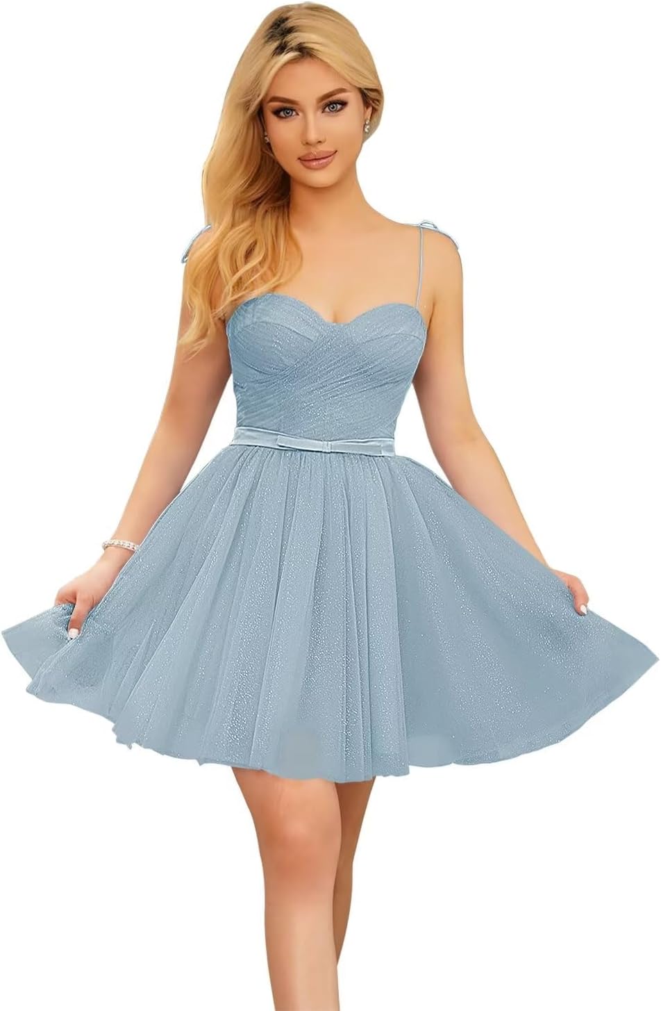 Vestidos cortos de tul brillante para adolescentes, con tirantes finos y corte en A, para fiesta de graduación.
