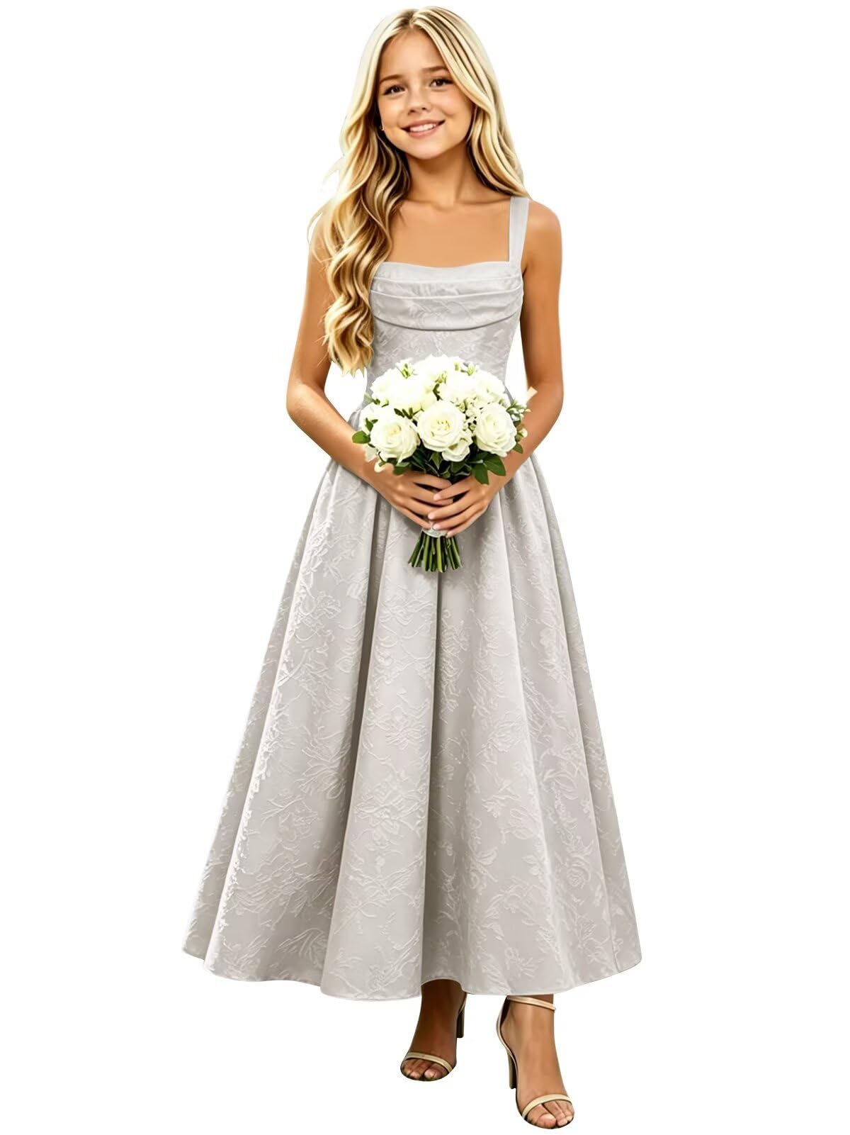 Girls Floral Satin Jacquard Junior Bridesmaid Dresses Long Ruched Flower Girl Dress for Wedding