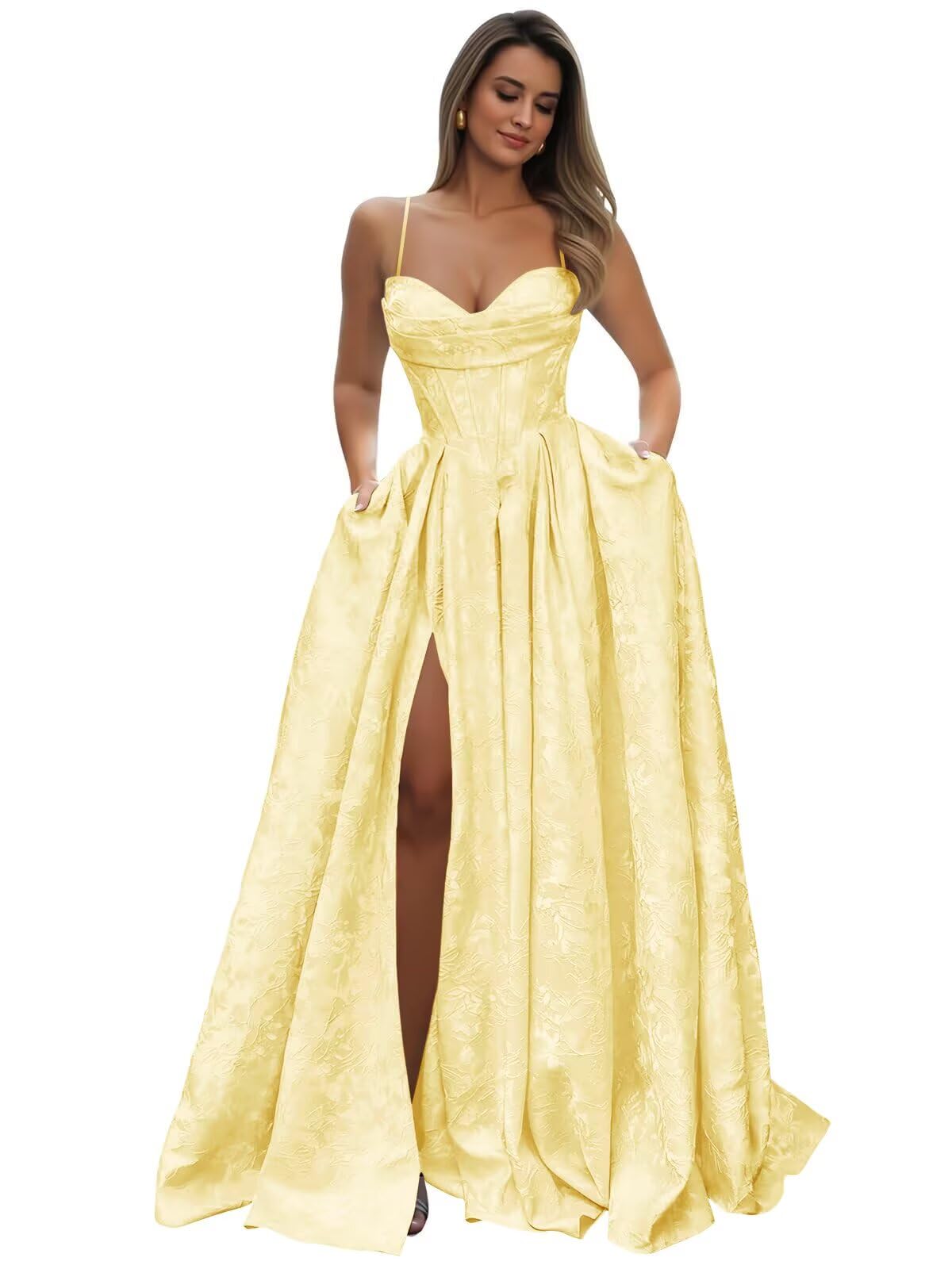 Satin Spaghetti Straps Prom Dresses for Women Jacquard Aline Backless Formal Evening Party Ball Gowns with Pockets