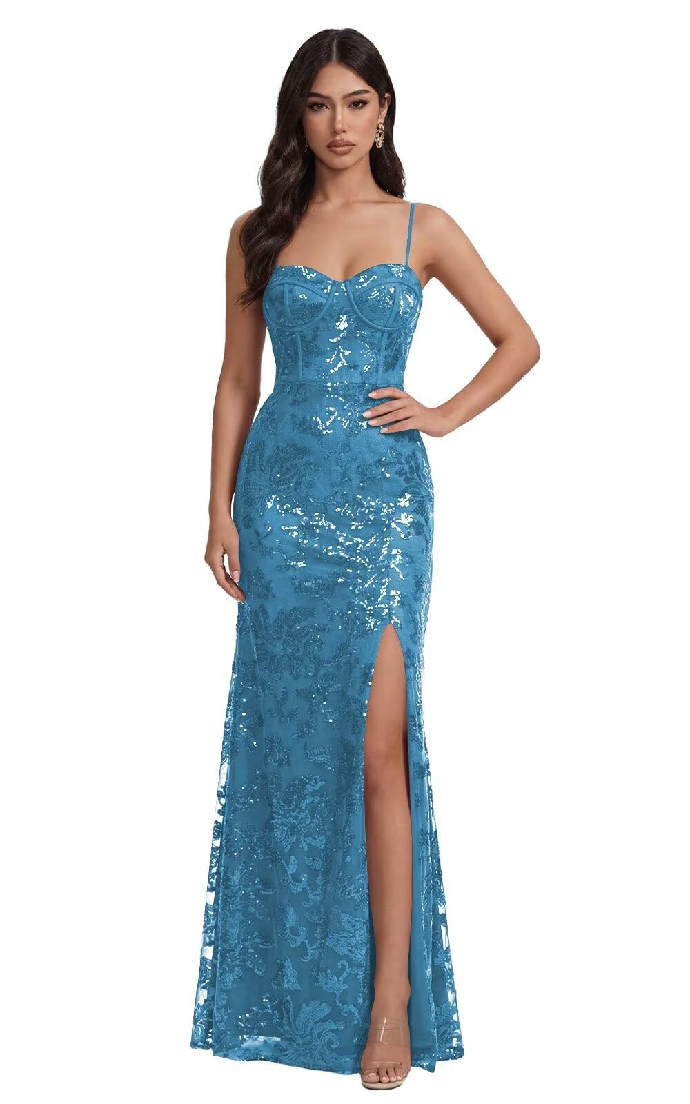 Mermaid Sequin Lace Prom Dresses Long for Women 2026 Spaghetti Straps Corset Formal Evening Party Gown with Slit