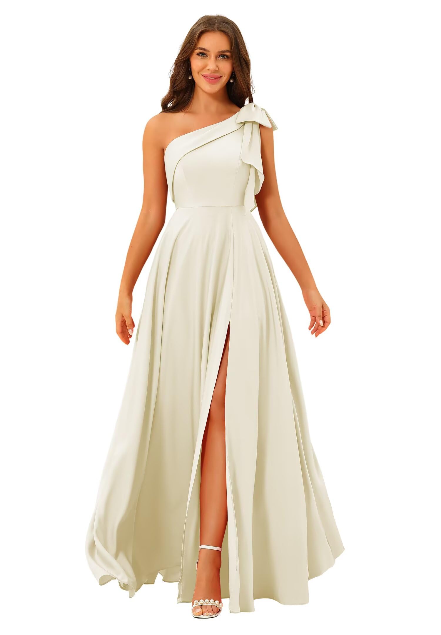 One Shoulder Bridesmaid Dresses Long for Women Satin Formal Gown Wedding Guest Dress