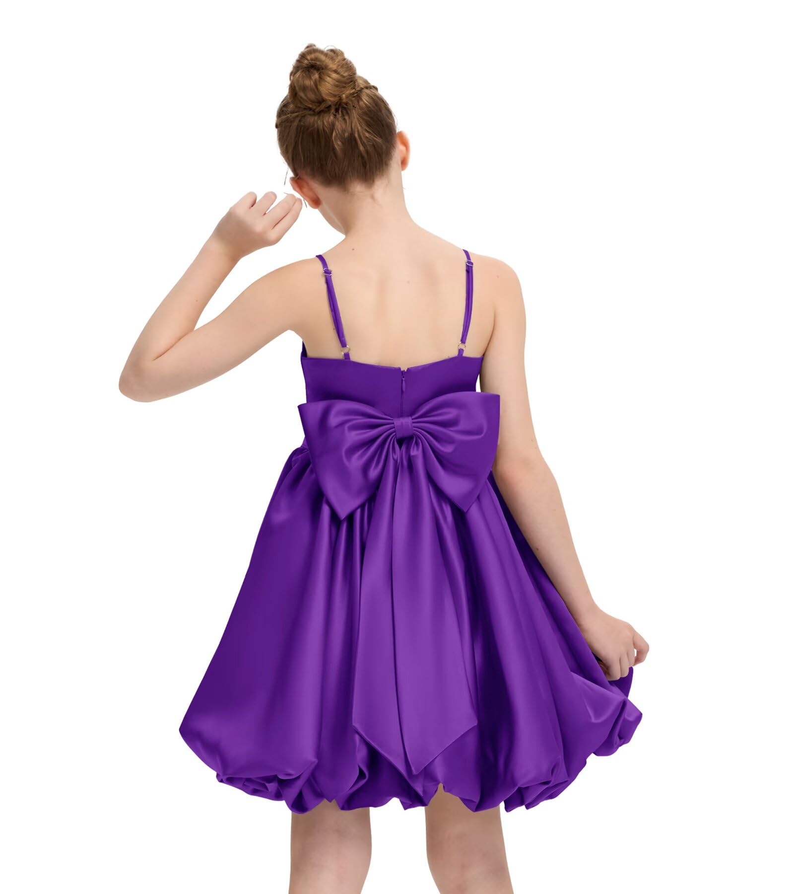 Satin Homecoming Dress for Girls Short Satin Flower Girl Dresses for Wedding Party Prom Gown with Bow