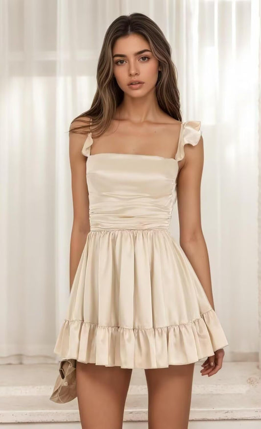 Satin Homecoming Dresses for Teens 2027 A-line Ruched Square Neck Short Prom Formal Cocktail Gowns with Pockets