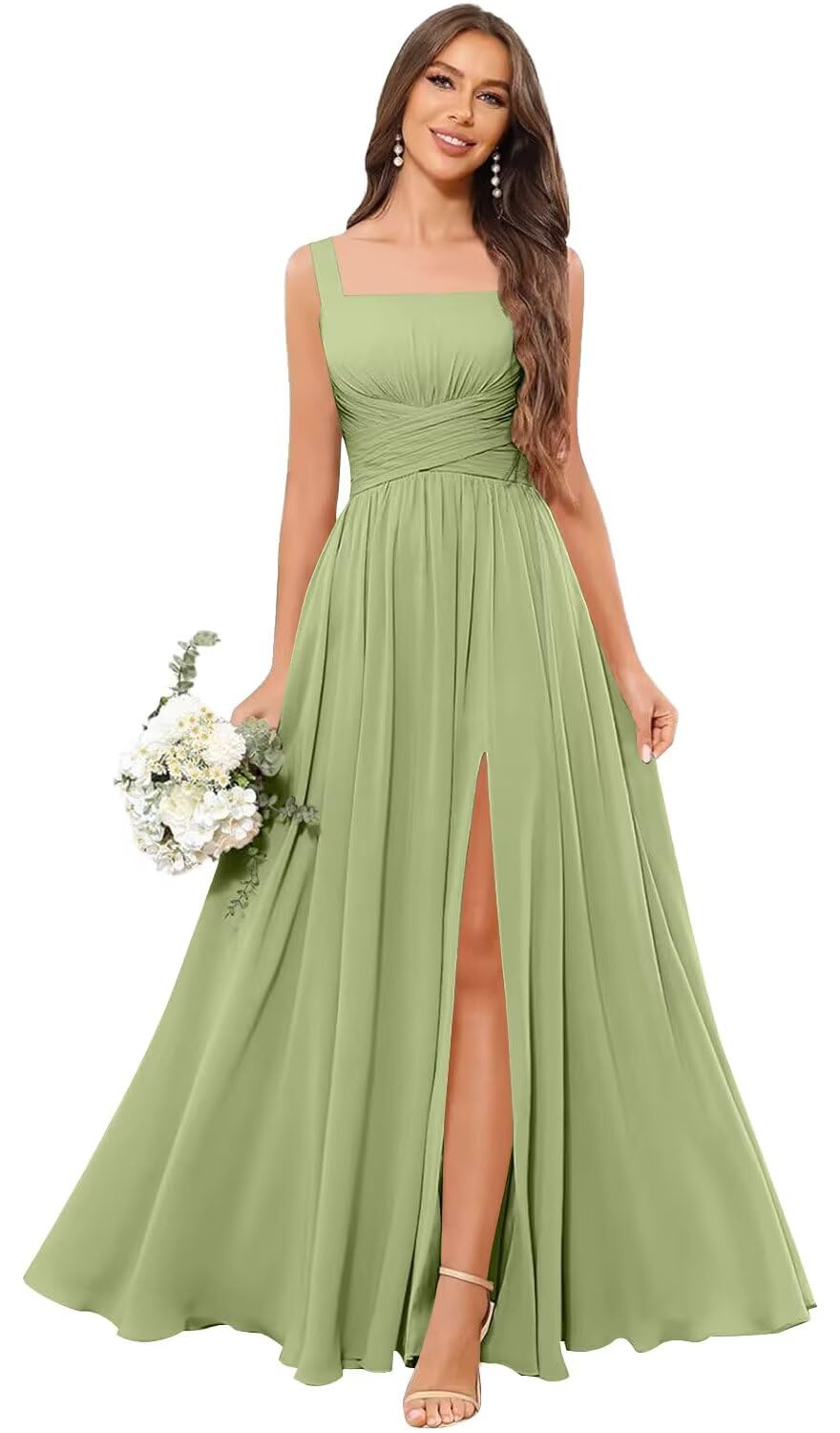 Kingbridal Chiffon A-line Bridesmaid Dresses for Women 2027 Long Square Neck Pleated Formal Evening Party Dress with Slit