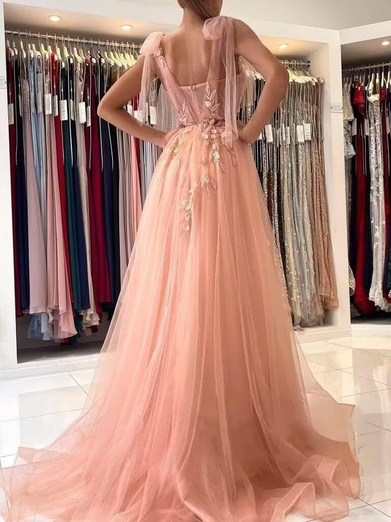 Appliques Tulle Lace Prom Dresses with Slit Spaghetti Straps Formal Evening Dress Sweetheart Ball Gowns