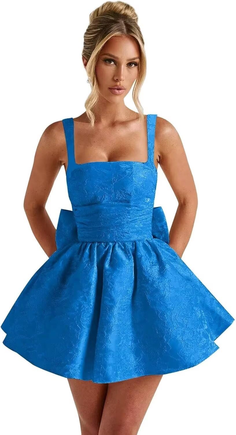 Jacquard Satin Homecoming Dresses for Teens Spaghetti Straps Short Prom Dress A-line Cocktail Party Gowns with Bow