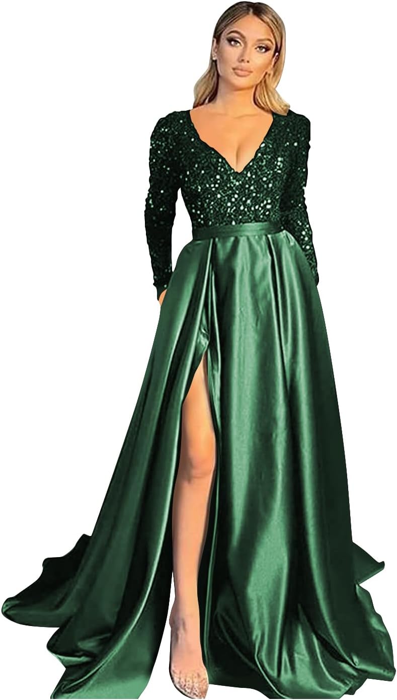 Vestido de fiesta de satén con lentejuelas brillantes para mujer, con bolsillos, manga larga y abertura. 