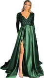Vestido de fiesta de satén con lentejuelas brillantes para mujer, con bolsillos, manga larga y abertura. 