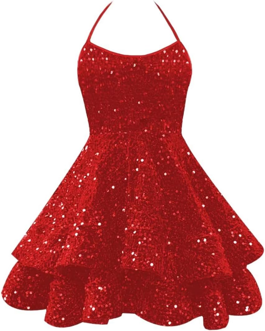 Sparkly Sequin Homecoming Dresses 2026 Spaghetti Straps Tiered Prom Dresses for Teens Short Cocktail Party Gowns