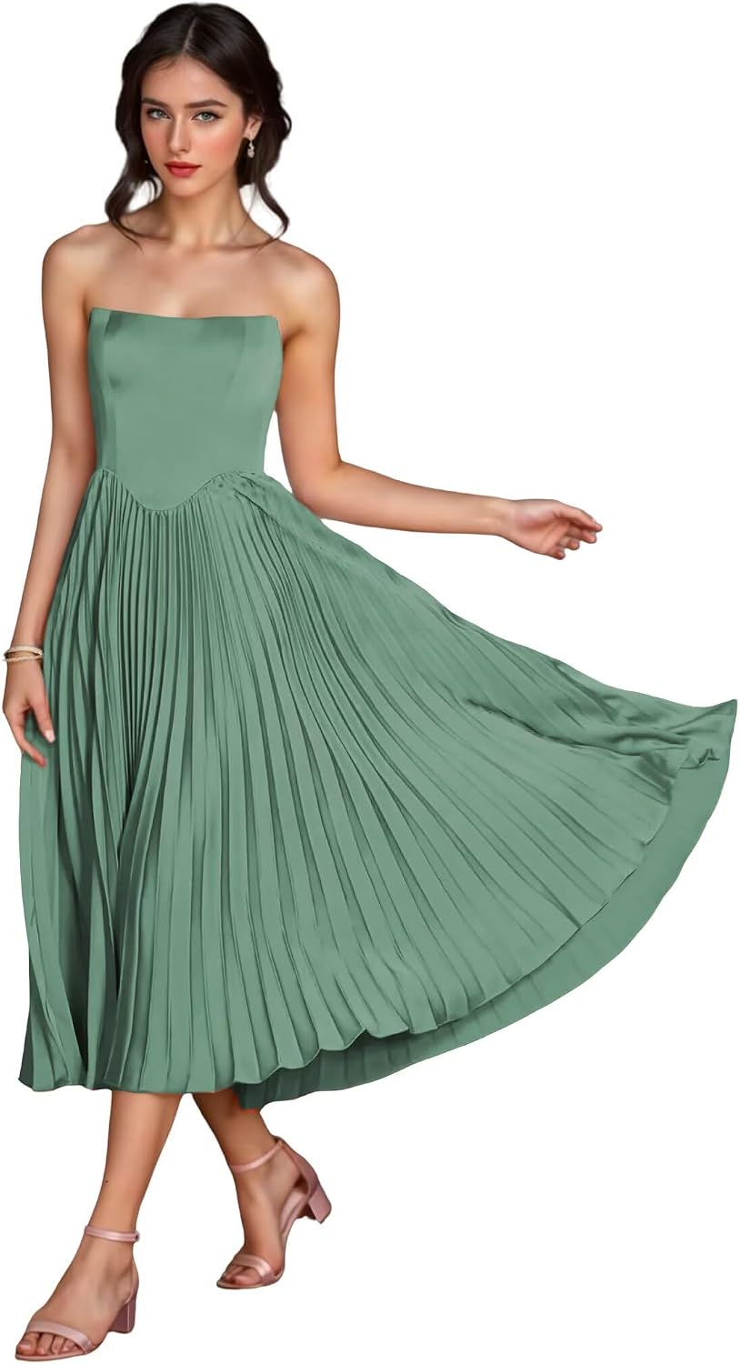 Women's Strapless Bridesmaid Dresses for Womens Tea Length Ruffle Satin Formal Prom Dress