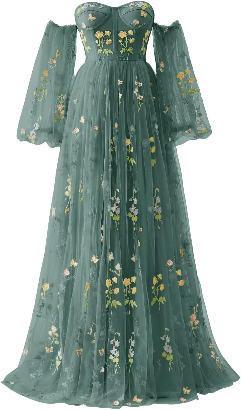 Vestidos de fiesta de tul con bordado de flores para mujer, 2024, largos, con hombros descubiertos, formales, para noche 