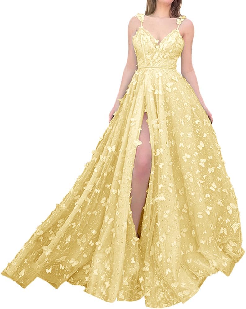 Sparkly Prom Dresses for Teens 2027 3D Butterfly Tulle Spaghetti Straps Long Slit Backless Party Gowns