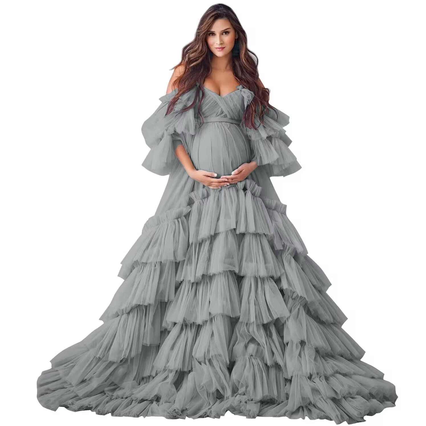 Puffy Tulle Robe Maternity Dress for Photoshoot Off Shoulder Bridal Lingerie Maternity Gowns for BabyShower