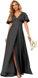 Women's V Neck Ruffle Sleeves Bridesmaid Dresses with Slit 2025 Satin A-Line Formal Evening Gowns
