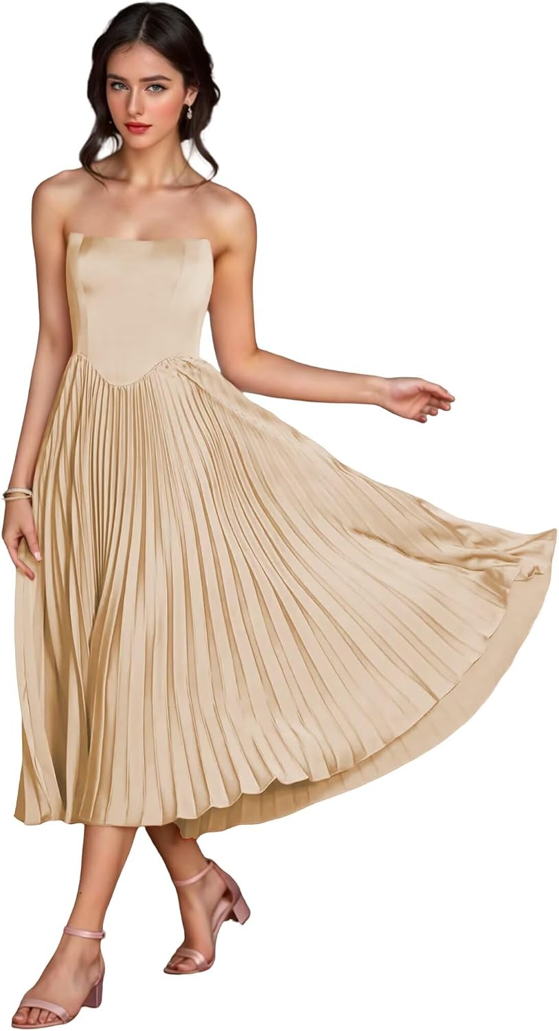 Women's Strapless Bridesmaid Dresses for Womens Tea Length Ruffle Satin Formal Prom Dress