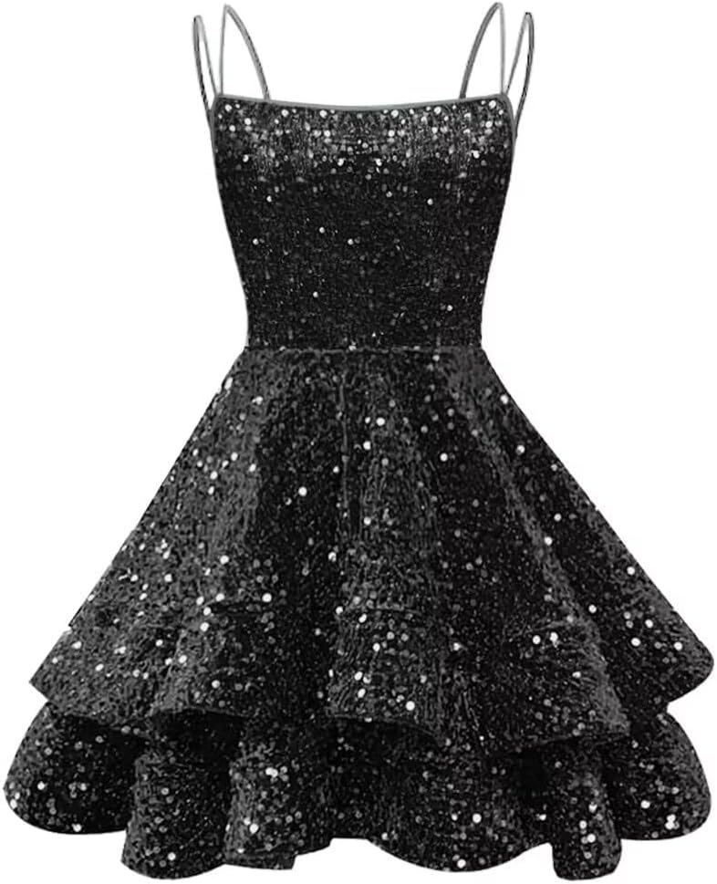 Spaghetti Straps Sequin Homecoming Dresses for Teens Sparkly Tiered Short Prom Dress 2026 Mini Cocktail Party Gown