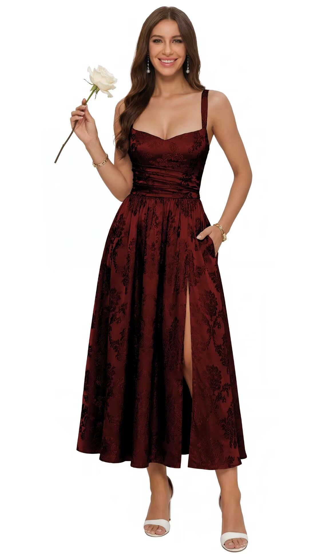 Jacquard Satin Bridesmaid Dresses for Women Spaghetti Straps A Line Tea Length Formal Evening Dress