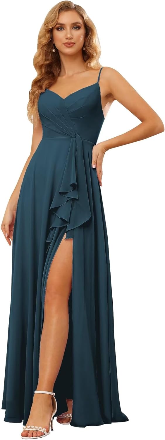 Vestidos de dama de honor largos de gasa con tirantes finos y bolsillos, vestidos formales con volantes y abertura para mujer 