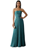 Strapless Prom Dresses for Women Long A Line Cocktail Dress Pleated Chiffon Formal Wedding Guest Dress