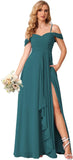Damen Schulterfreies Brautjungfernkleid Lang mit Schlitz Chiffon Rüschen Falten Formales Partykleid 