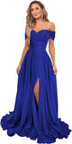 Women's Glittery Prom Dresses Long Ball Gown Off Shoulder High Slit Formal Evening Gowns with Pockets