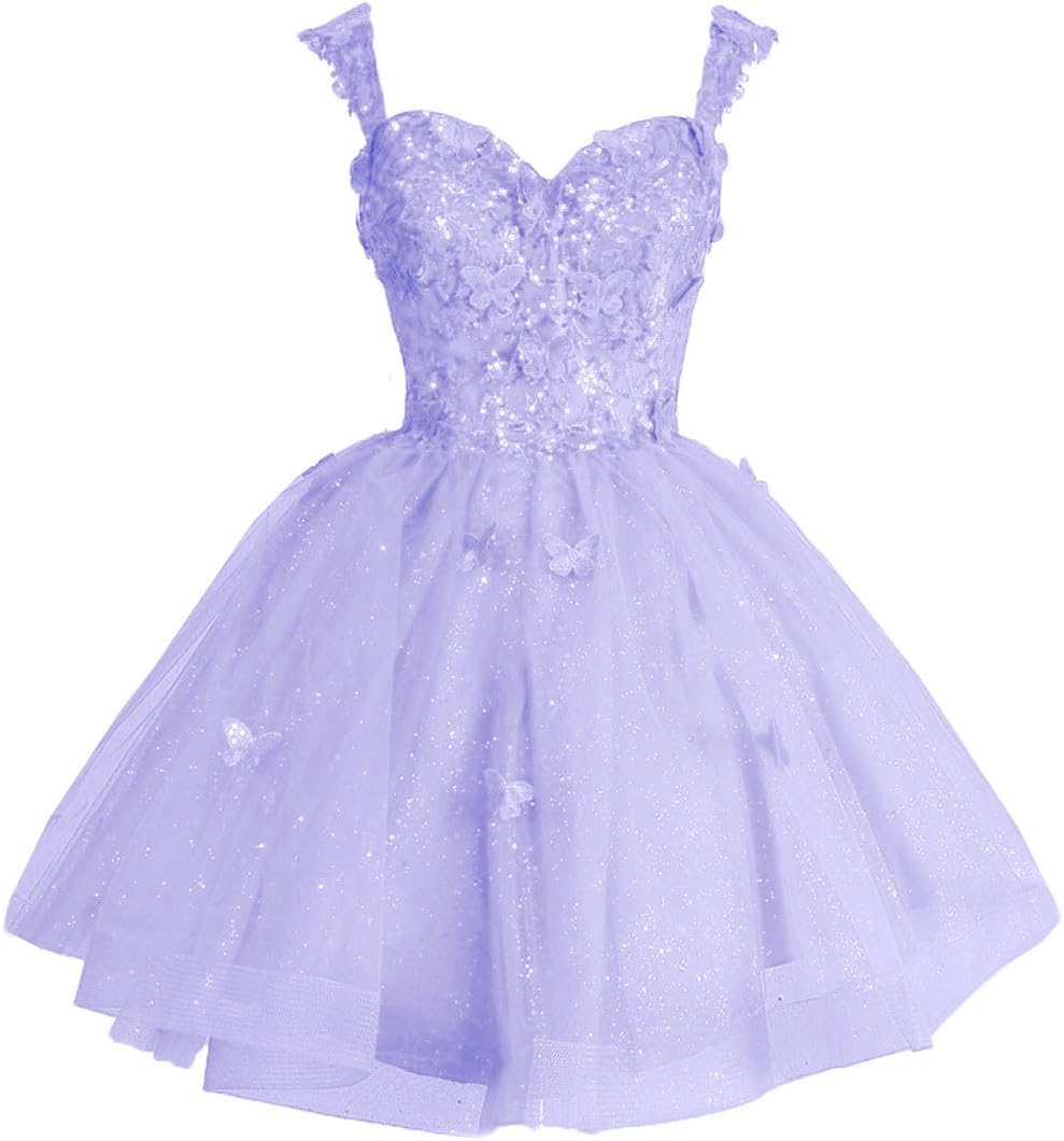 Off Shoulder Glitter Tulle Homecoming Dresses for Teens 3D Butterfly Short Prom Dress Sequin Quinceanera Dresses