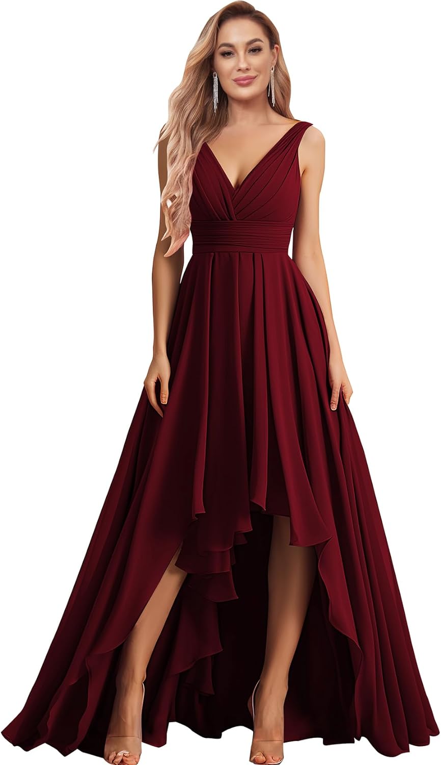 Vestidos de dama de honor con escote en V para mujer, para boda, con bolsillos, de gasa fruncida, largos, formales, para fiesta de graduación y noche.