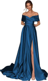 Women's Off Shoulder Long Prom Dresses with Slit 2025 Satin A-Line Sweetheart Corset Formal Evening Dresses with Pockets