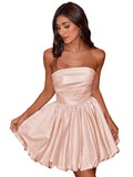 Short Satin A-Line Ruched Homecoming Dresses for Teens Strapless Ruched Mini Formal Cocktail Party Dress